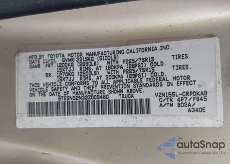 2002 Toyota Tacoma Prerunner V6 z USA, uszkodzony, nr VIN 5TESN92N32Z009480